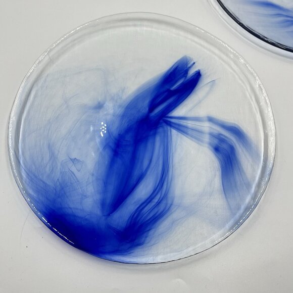 2 Bormioli Rocco Murano Cobalt Blue Swirl Clear Glass Dinner Plates 11” Vintage - Picture 6 of 6